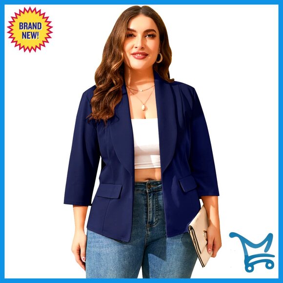 Plus Size Casual Blazer with Pockets 3/4 Sleeve Open Front Office Wear